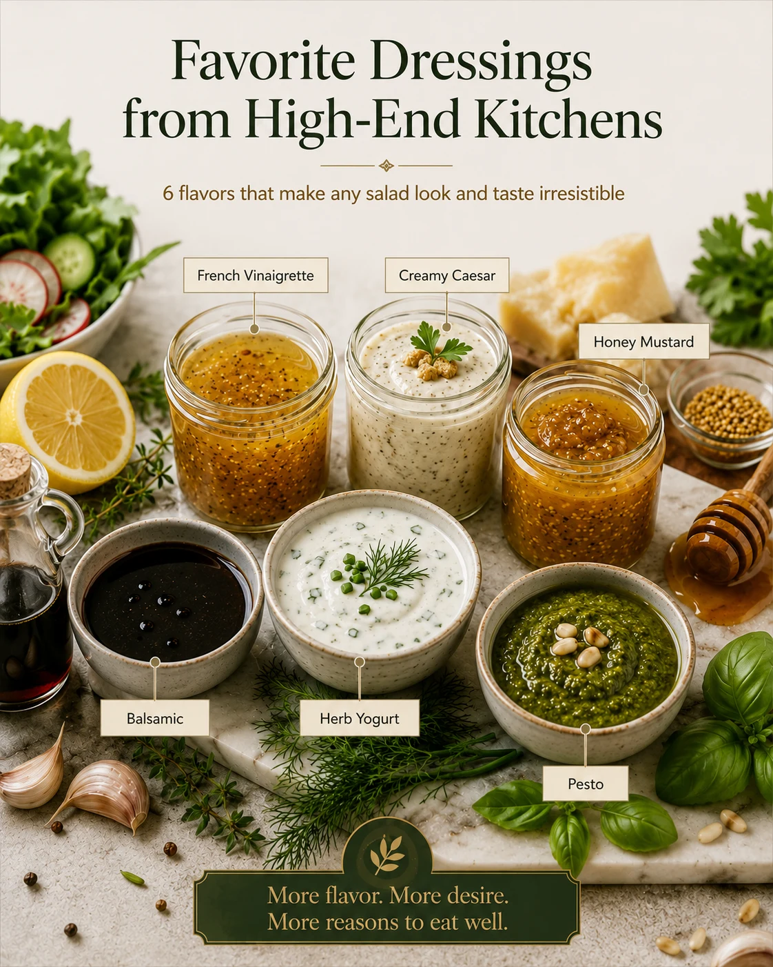 Favorite Dressings from High-End Kitchens — French Vinaigrette, Creamy Caesar, Honey Mustard, Balsamic, Herb Yogurt and Pesto