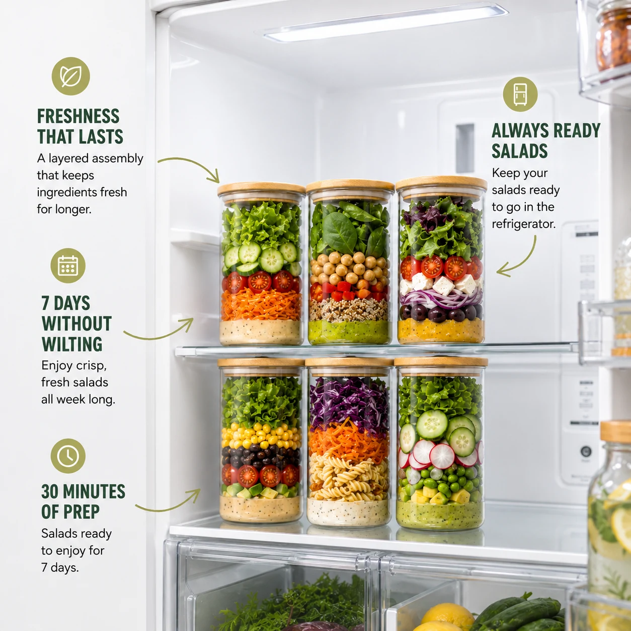 6 jar salads in the fridge — freshness that lasts, 7 days without wilting, 30 minutes of prep
