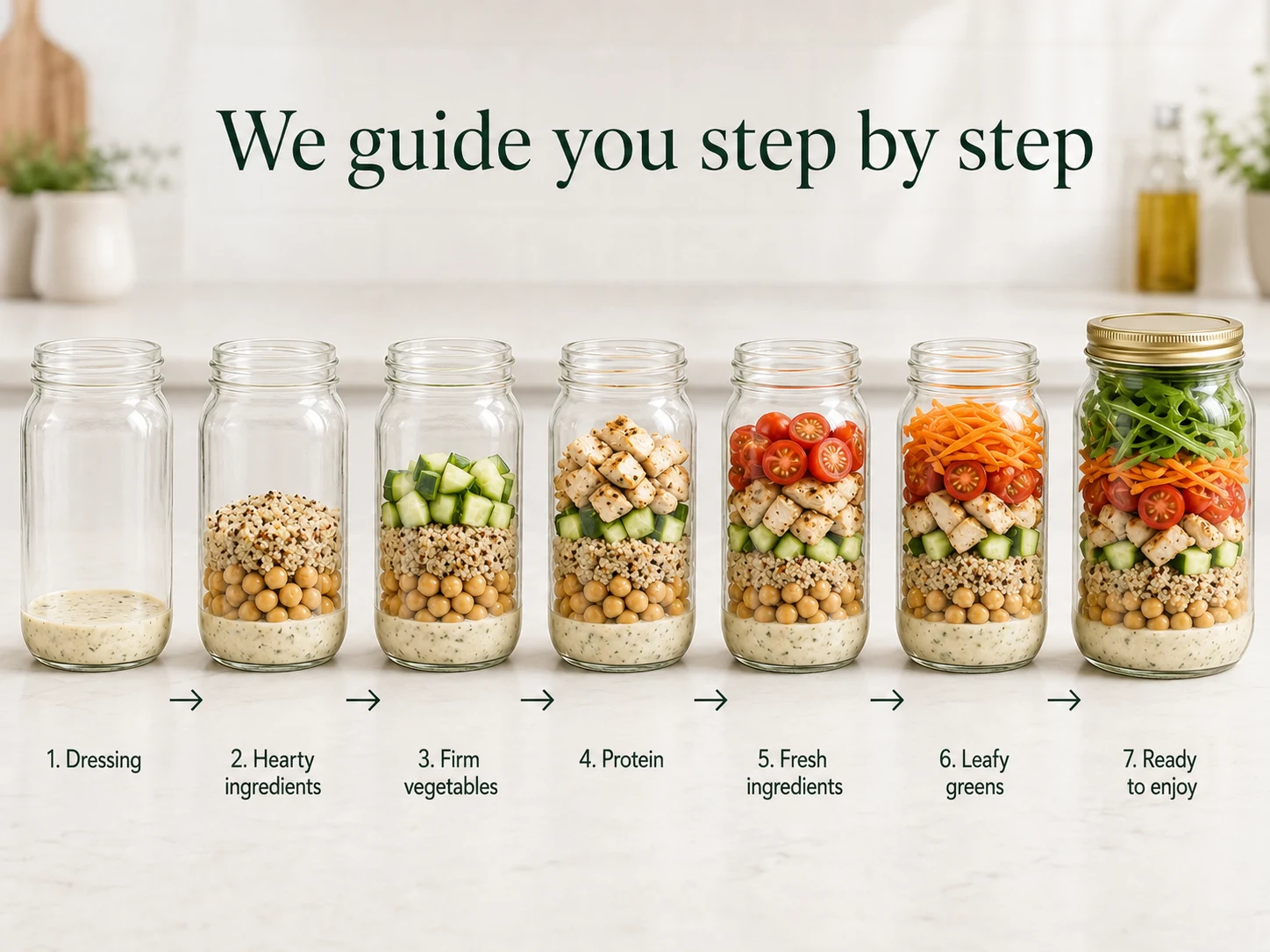 Step by step method: dressing, hearty ingredients, firm vegetables, protein, fresh ingredients, leafy greens, ready to enjoy