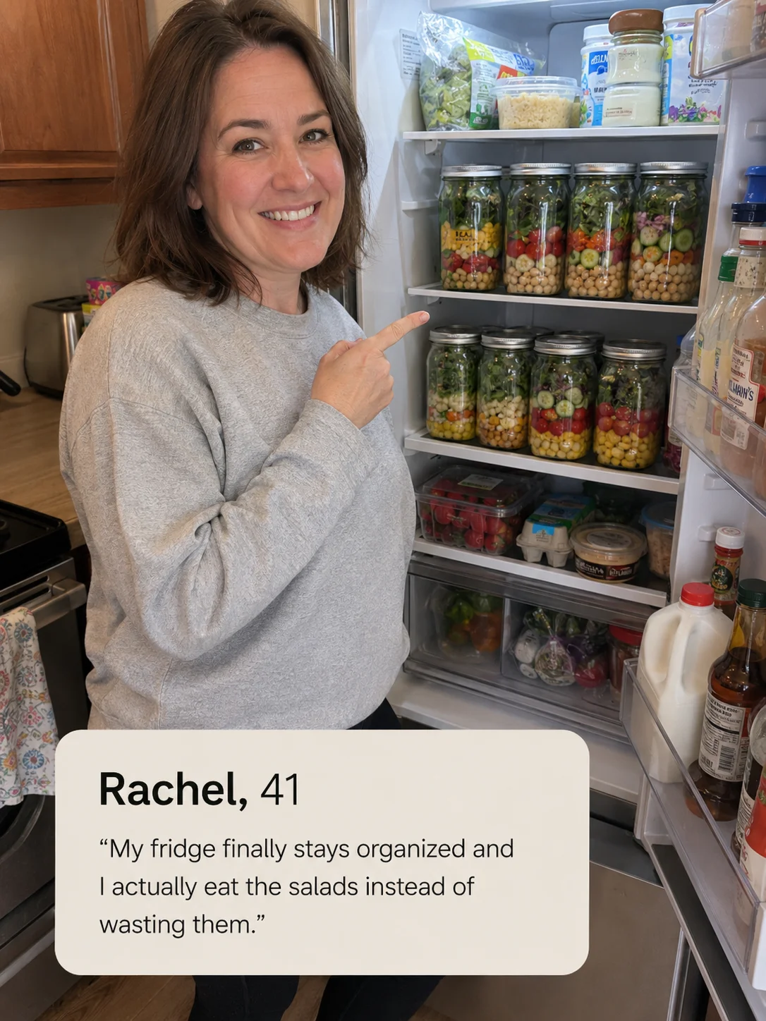 Rachel, 41 — My fridge finally stays organized and I actually eat the salads instead of wasting them