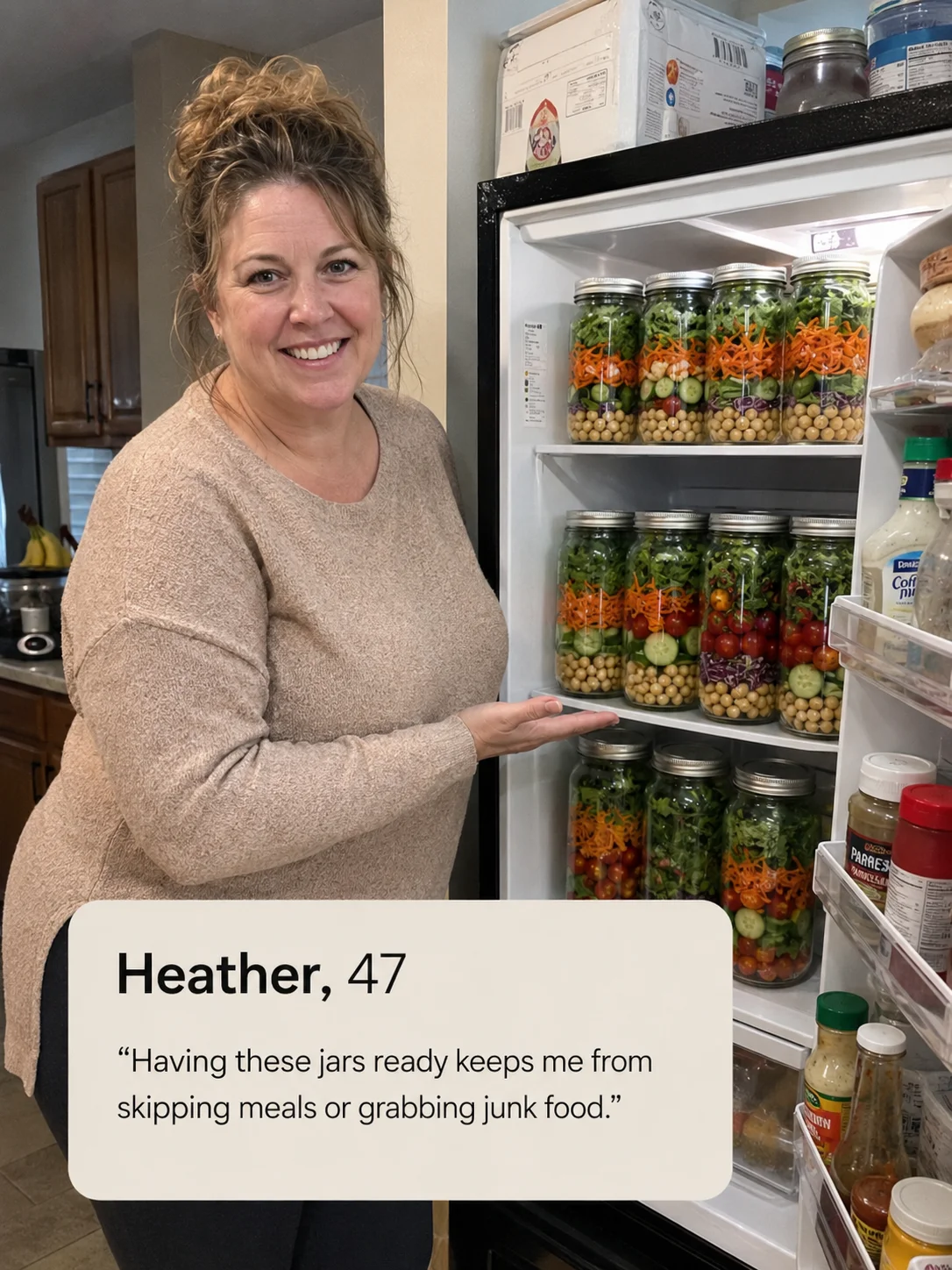 Heather, 47 — Having these jars ready keeps me from skipping meals or grabbing junk food