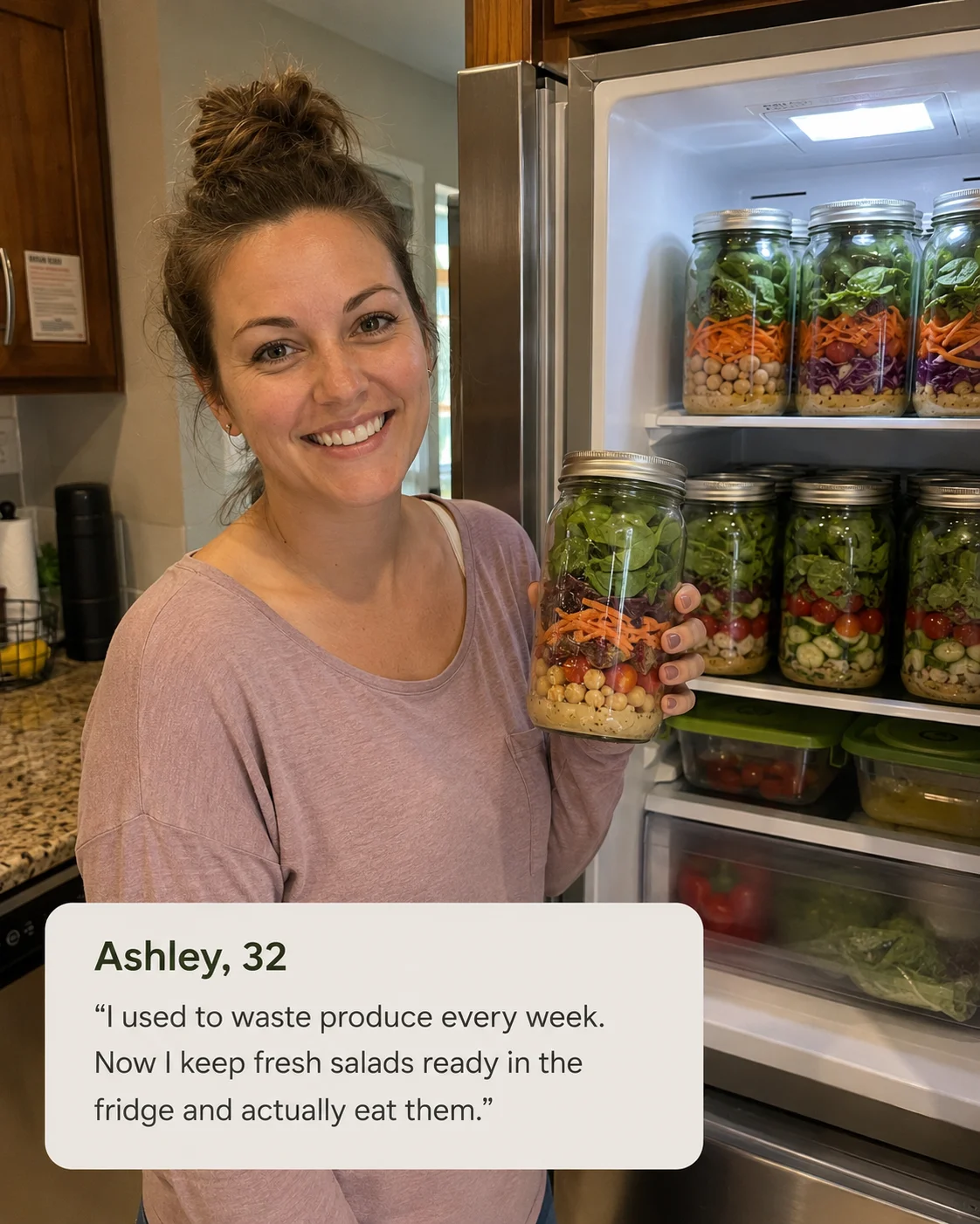 Ashley, 32 — I used to waste produce every week. Now I keep fresh salads ready in the fridge