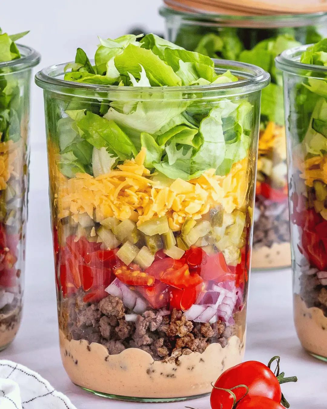 Burger Salad jar with beef and cheddar